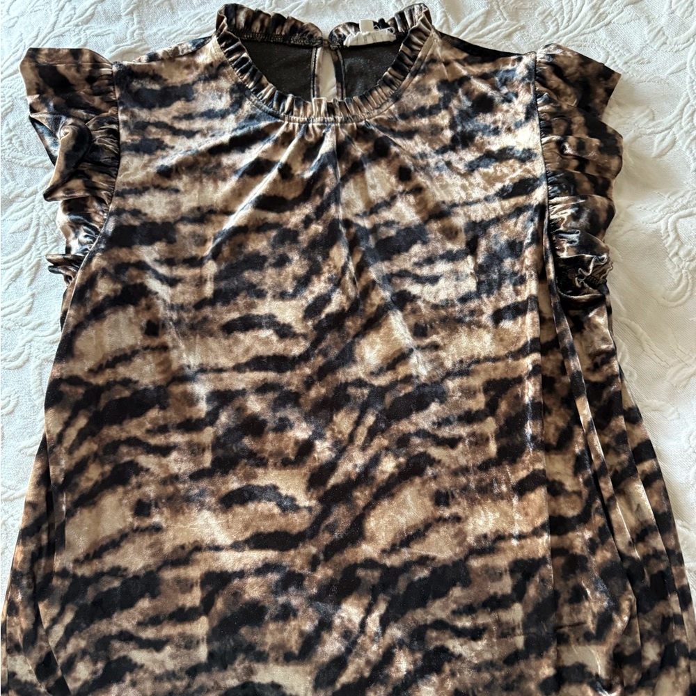 THML Ruffled Short Sleeve Black Light Brown Champagne Velvet Velour Shirt Top XL